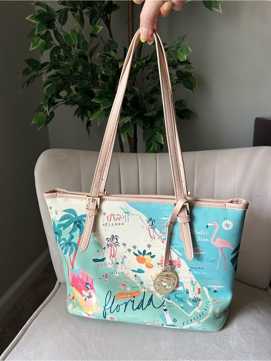 Spartina 449 Handbags - Spartina 449 Teal and Pink Florida Map Tote with Cream Handles